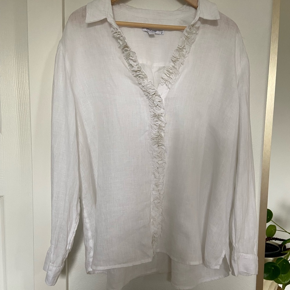 Chico's Cream Linen Blouse Ruffled Trim Size XL